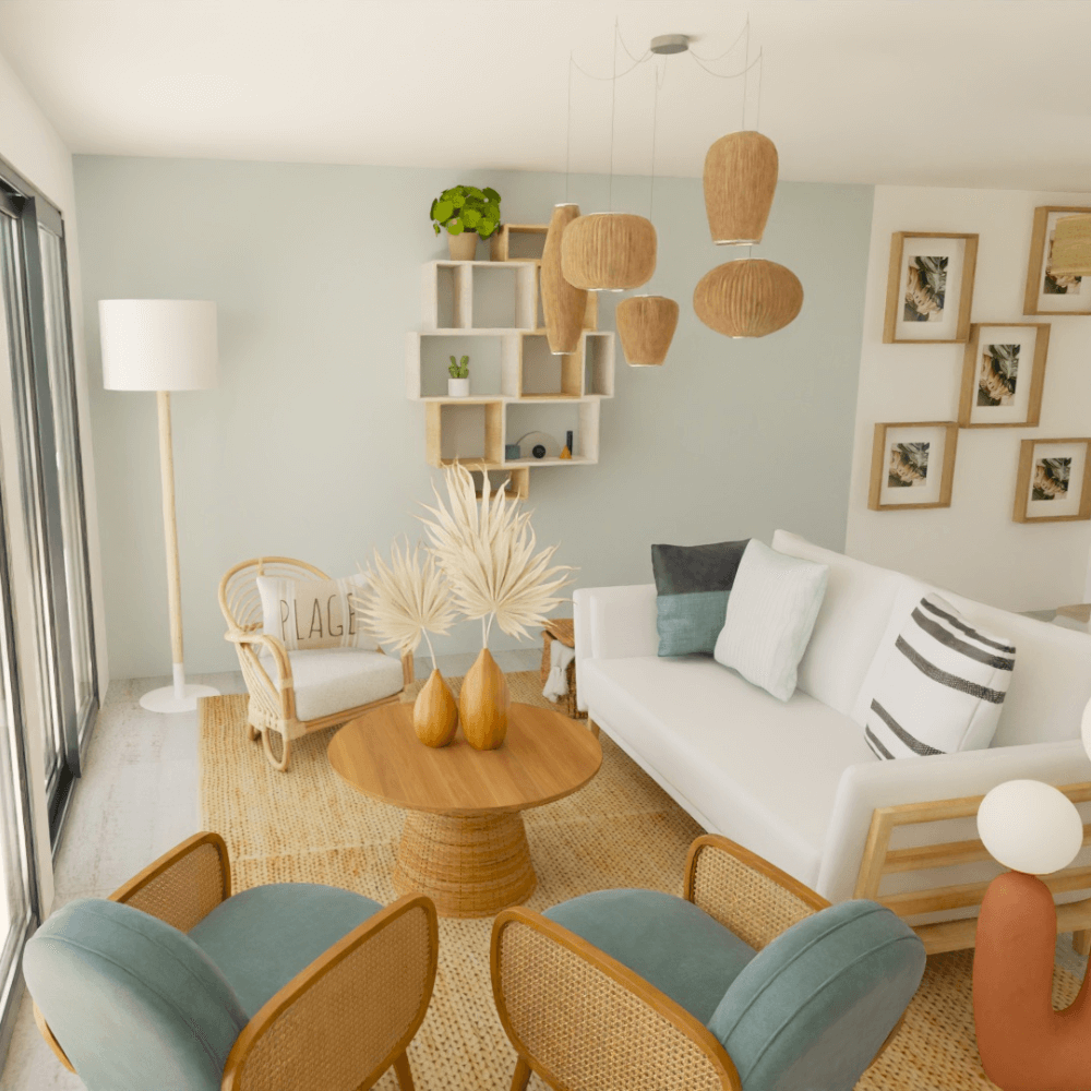 Salon avec une décoration naturelle, esprit bord de plage