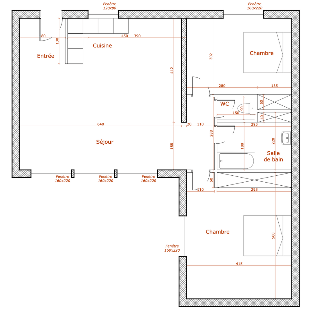 Représentation d'un plan de maison en 2D avec des côtes.